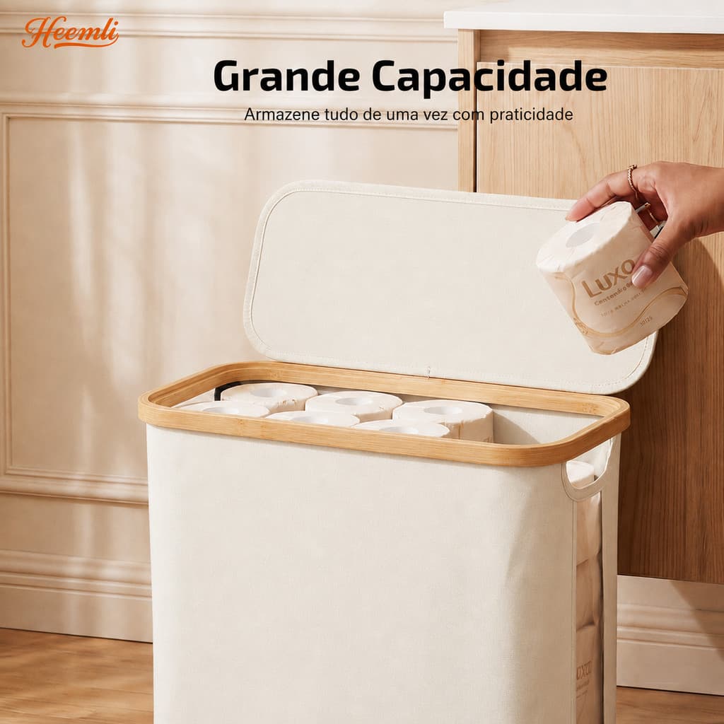 Heemli Cesto De Papel Higiênico Com Tampa Bambu Organizador Multiuso Para Banheiro E Lavabo