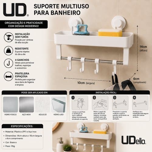 Organizador Versatil Multiuso Suspenso Com Ganchos Para Cozinha Banheiro Branco
