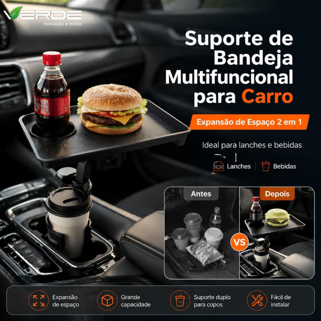 Bandeja Porta Copos 3 Em 1 Carro Suporte Celular Giratória