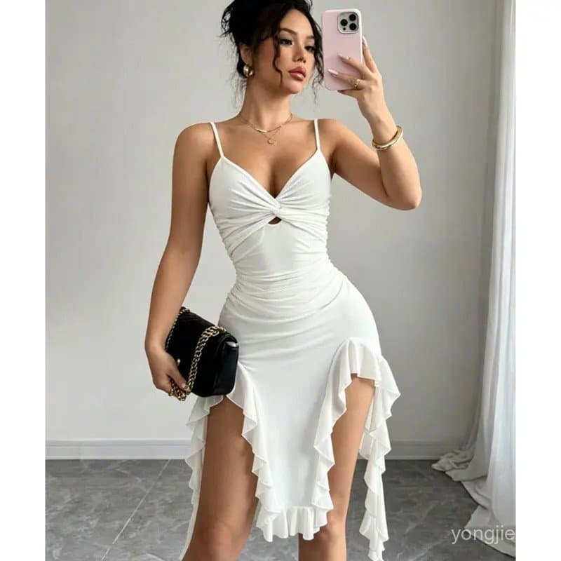 Vestidos Femininos de Moda Verão, Vestido Feminino com Alças Finas, Vestido Assimétrico Branco com Pregas, Vestidos de V