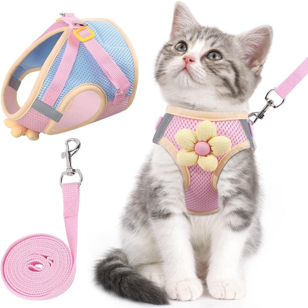 Conjunto de coleira e guia para gatos, adequado para passeios e prevenção de fugas, com coleira ajustável, malha respirá