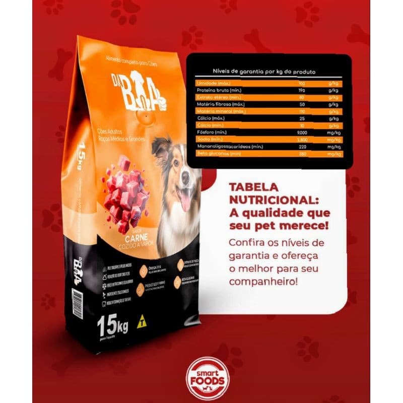 RAÇÃO PARA CACHORRO 15 KG DA BOA SABOR CARNE PARA CÃES ADULTOS PORTE MEDIO/GRANDE SMART FOODS