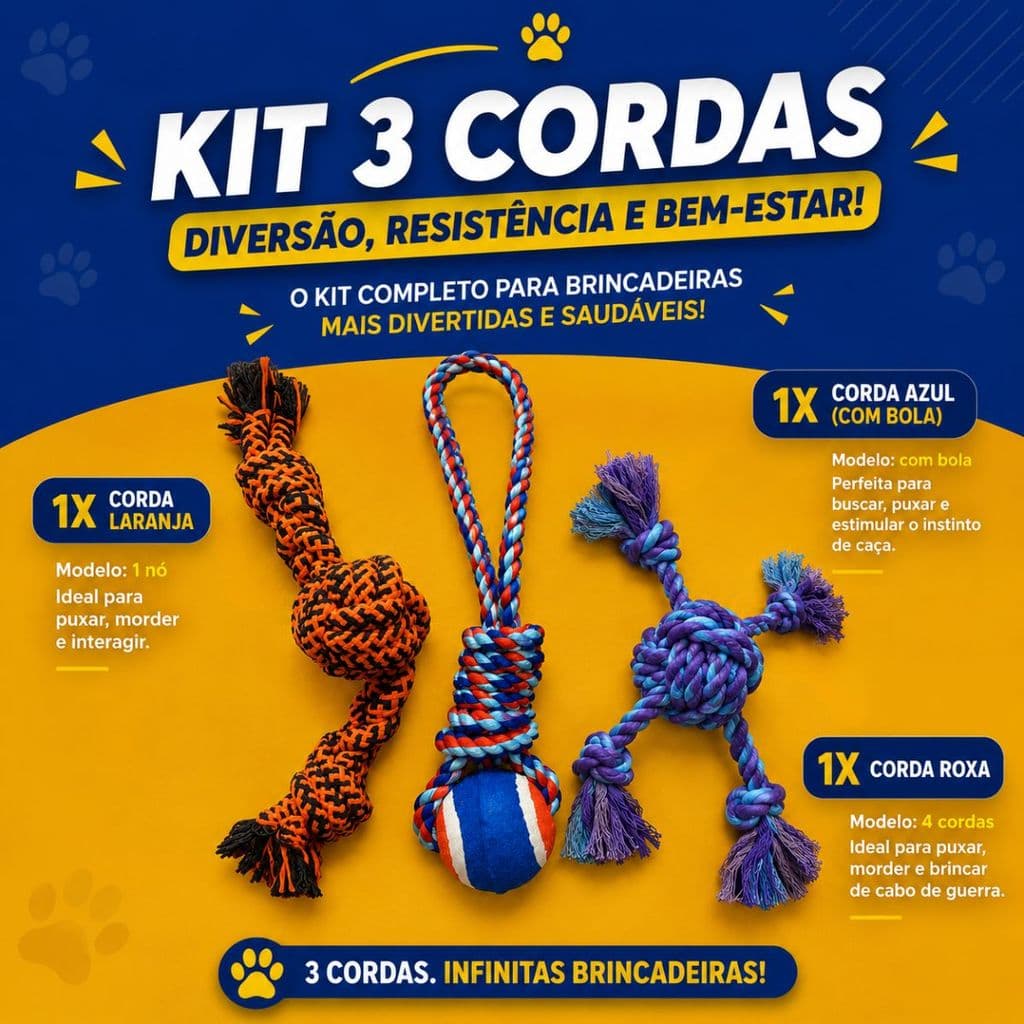 Kit 3 Brinquedos Mordedores de Corda para Cachorro