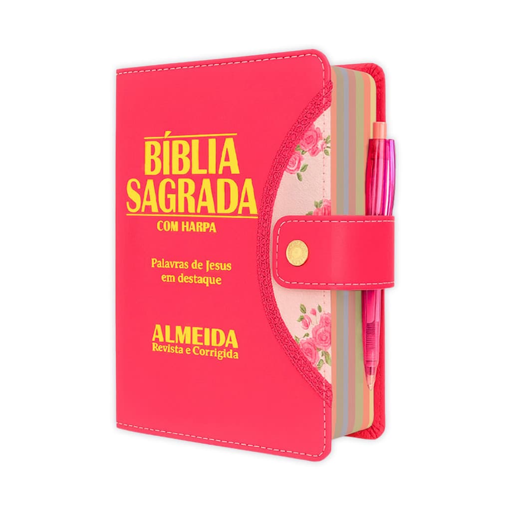 Bíblia Sagrada Evangélica femenina - Botão Pink | ARC - João Ferreira de Almeida com Harpa e Índice por Cores