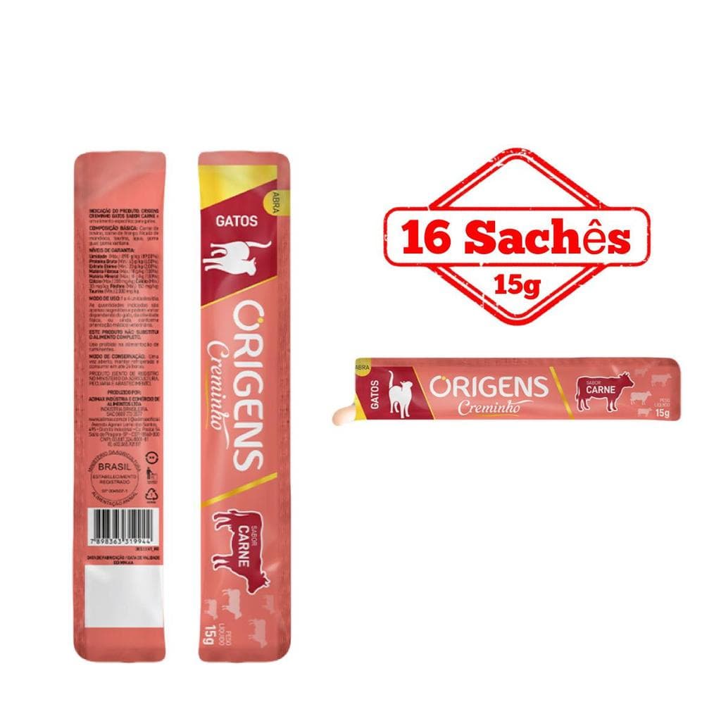 Petisco Cremoso Para Gatos Origens Creminho Snack Saudável Premium Sabor Carne 15g 16 Un.