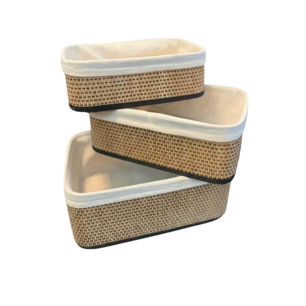 Kit 3 Cestos Organizadores de Bambu MDF com Forro Multiuso Sala, Cozinha, Quarto, Garagem, Lavanderia