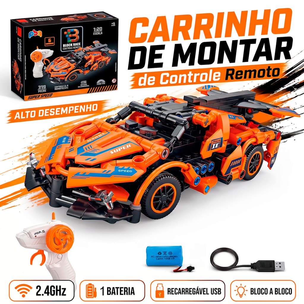 Carrinho De Controle Remoto Bloco De Montar 319 Peças Anda Recarregável Usb Infantil Menino