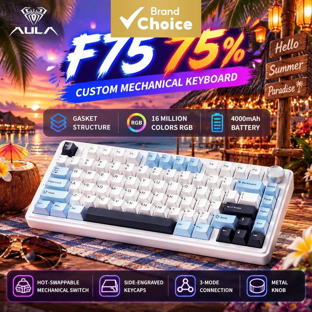 Teclado Mecânico AULA F75 RGB para Jogos com Interruptor Substituível a Quente, Layout 75%, Compacto e Design Wireless