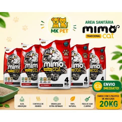 Kit 1 unidade a 5 Areia Sanitária Higiênica Argila Natural para Gatos Grãos Médios Tradicional 20 kg Mimo Cat