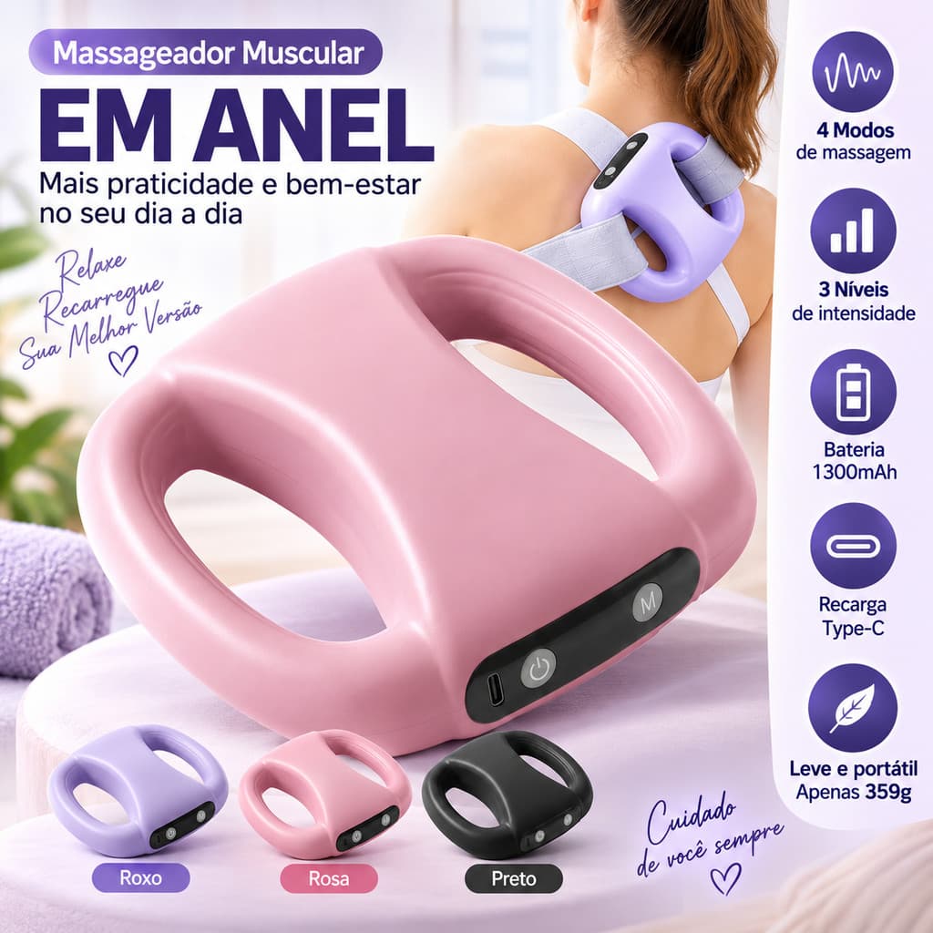 Massageador Elétrico Muscular em Anel Portátil Recarregável 4 Modos 3 Intensidades Pescoço Costas Ombros Pernas