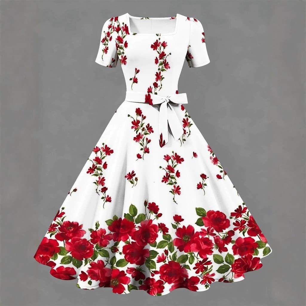 Vestido feminino de sucesso, vestido curto de manga curta com gola quadrada, novo modelo de vestido de festa com estampa