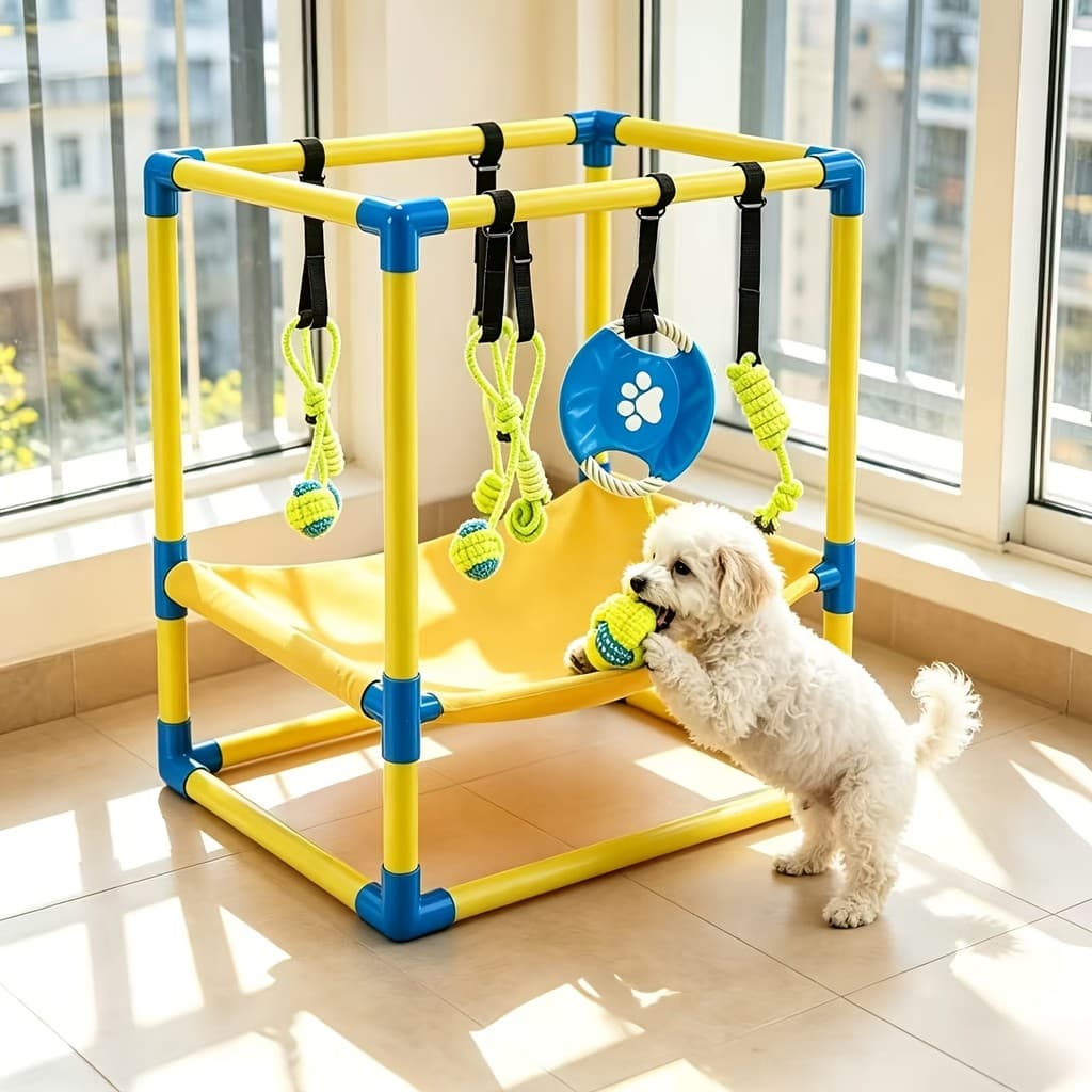 Ginásio para Cachorros com 8 Brinquedos Pendurados |   Parque de recreação interativo para cães, com brinquedos removíve