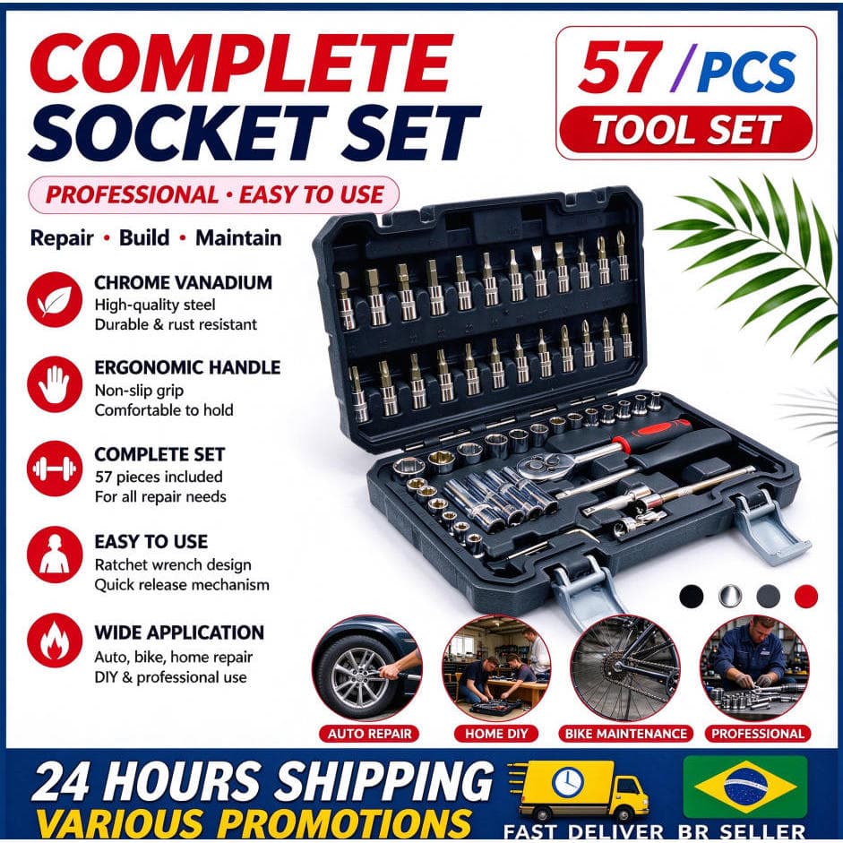 Kit Jogo de Soquete Chave Catraca Combinada Allen Maleta 57 Pcs- Profissional com Estojo