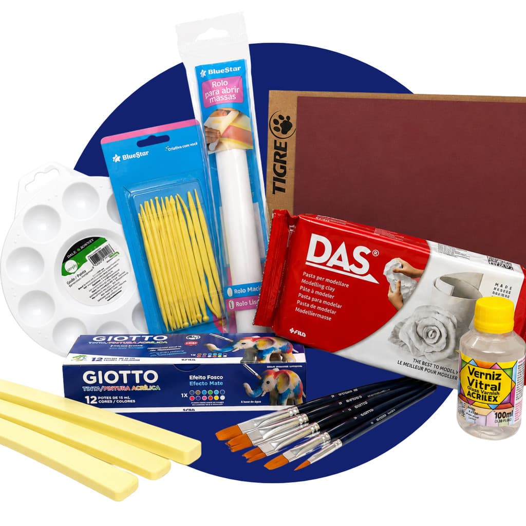 Massa para Modelar DAS Kit Completo com Ferramentas Verniz Vitral Tinta Acrílica Pincéis Gode e Lixa
