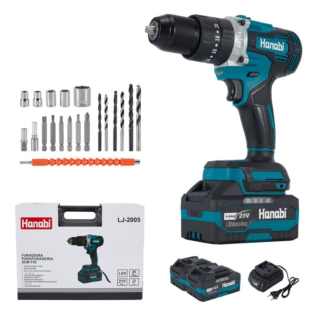 【Hanabi】Parafusadeira/Furadeira 21V 80Nm Brushless, com 2 baterias, kit completo, ideal para madeira, metal e parede.