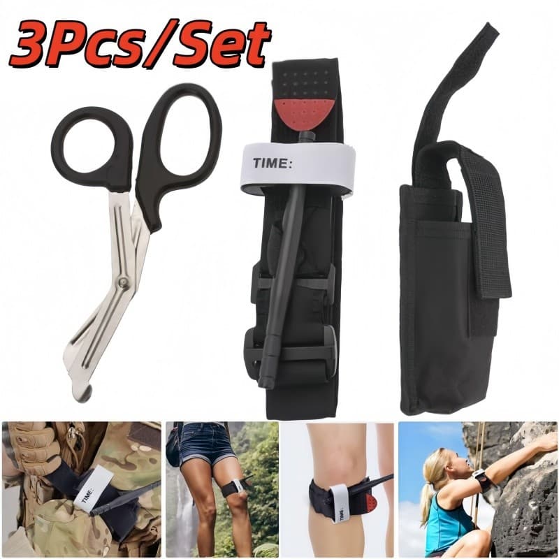 Kit Torniquete Tático Militar com Tesoura de Emergência, 3 Peças Primeiros Socorros para Caminhada Caça Sobrevivência