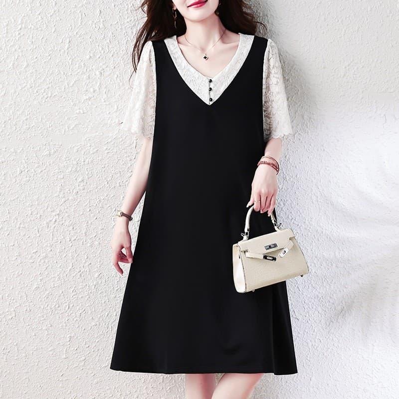 Olhos grandes [roupas femininas grandes] vestido de manga curta-moda renda costura vestido feminino-verão vestido Plus S