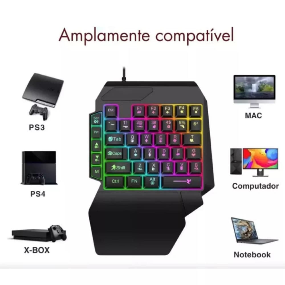 Teclado Gamer RGB de Uma Mão USB com LED Profissional para PC, Notebook e Jogos