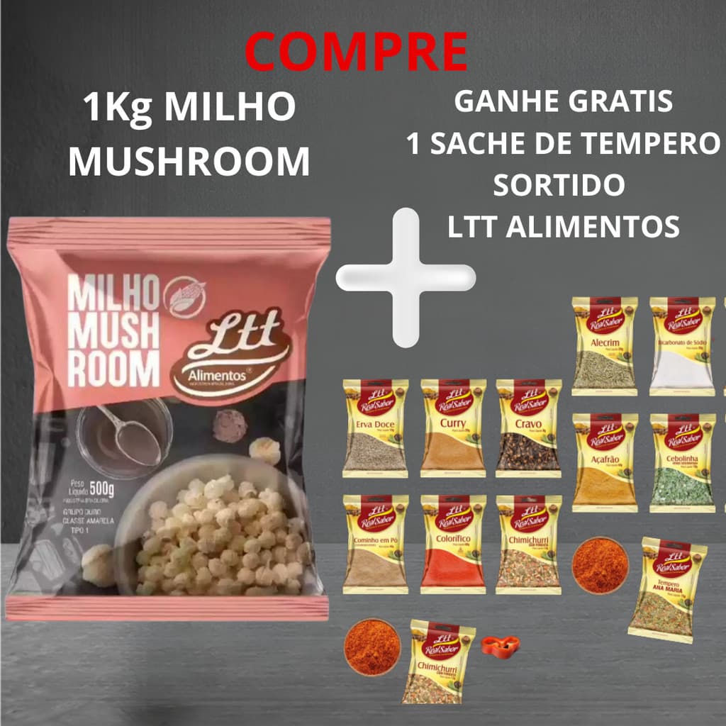 Combo Milho Mushroom 1kg + Ganhe 1 Sache de Tempero