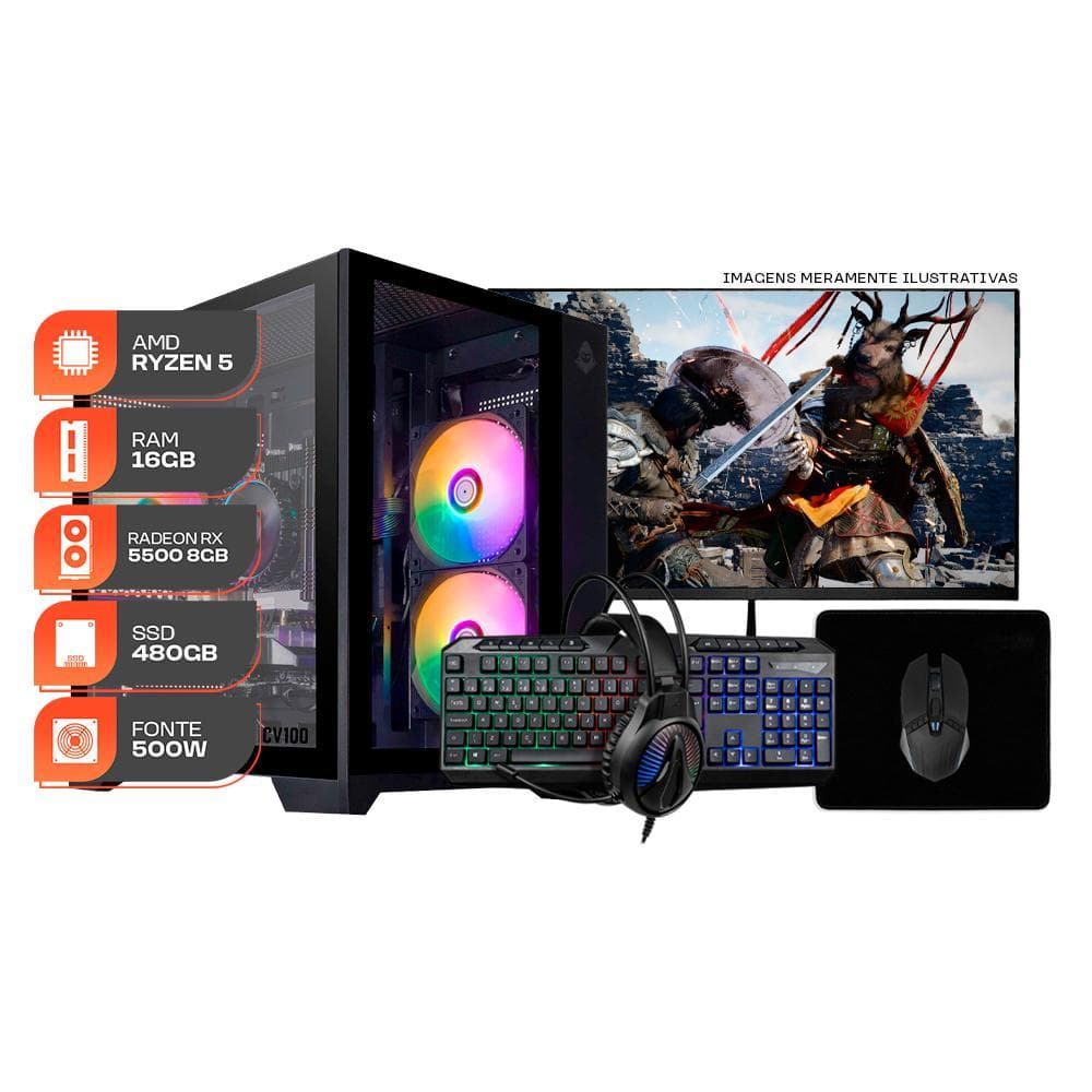 PC Gamer Forge, AMD Ryzen 5 5500, RX 5500 8GB, 16GB DDR4, SSD 480GB, Completo com Monitor 23" 180Hz + Periféricos