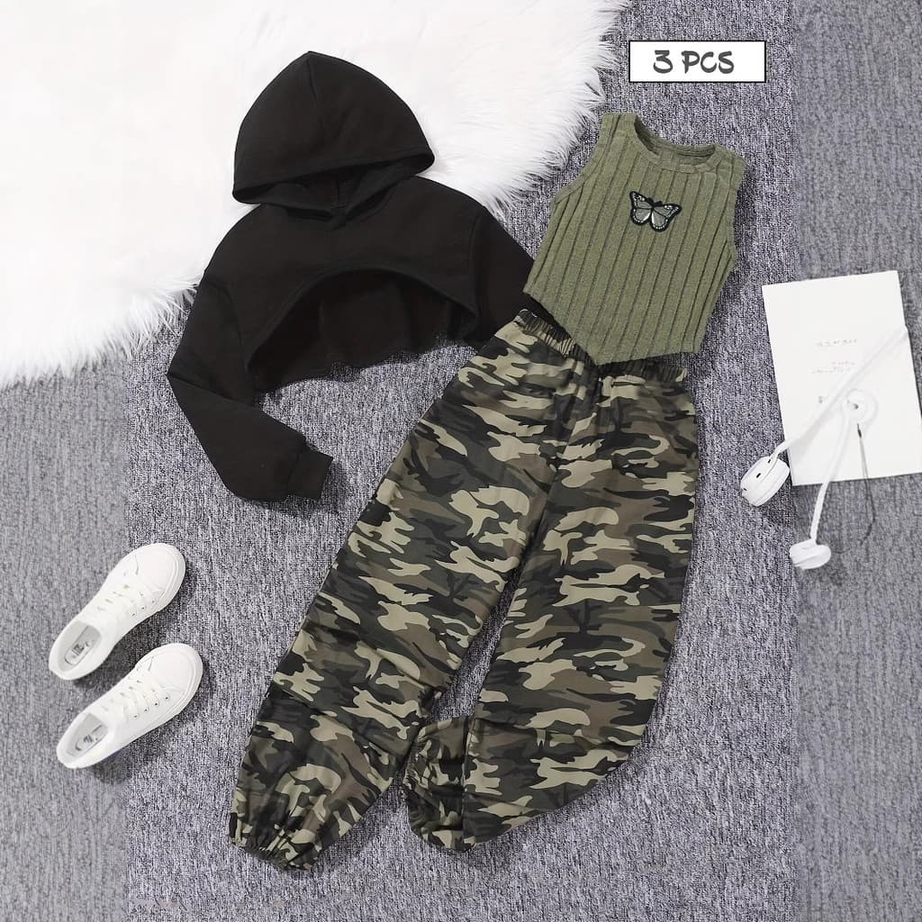 [Estoque pronto] Conjunto de moletom com capuz mais curto INS de lã canelada nas costas e camuflagem conjunto completo d