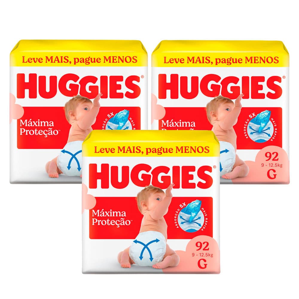 Kit 3 Fralda Huggies Máxima Proteção Tamanho G 92 Unidades Descartáveis