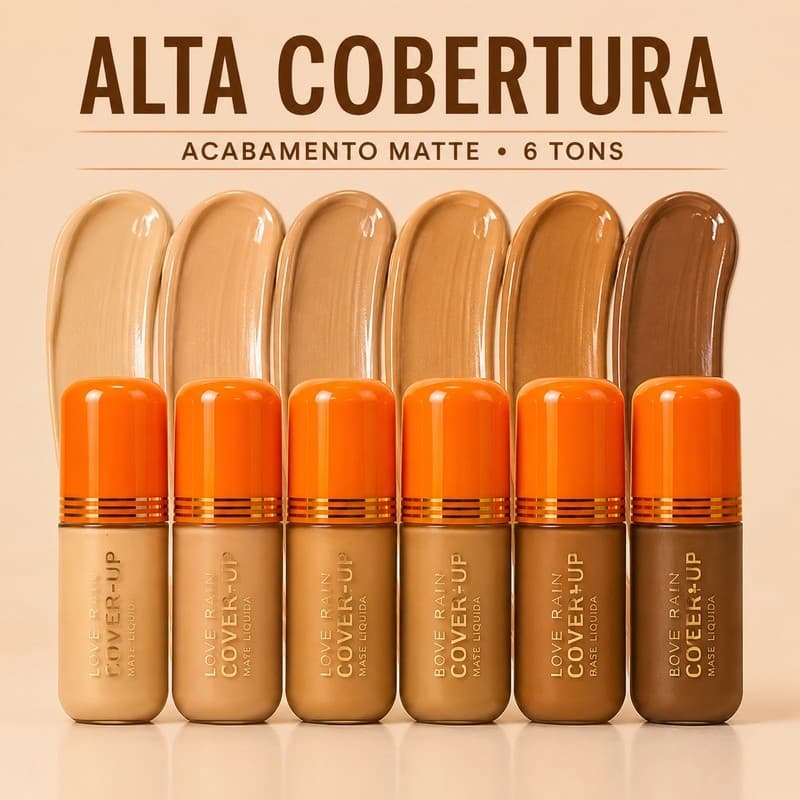 Base Líquida Matte Love Rain Alta Cobertura Longa Duração Acabamento Aveludado 6 Tons | Maquiagem Beleza