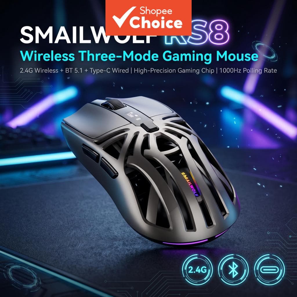 SMAILWOLF RS8 Mouse Gaming Sem Fio Tri-Modo, Chip Gaming de Alto Desempenho, BT5.1, 2.4G, com fio Tipo-C, 6 teclas, DPI