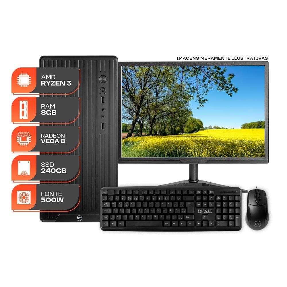Computador Home Essential S, AMD Ryzen 3 3200G, 8GB DDR4, SSD 240GB, Completo com Monitor e Periféricos