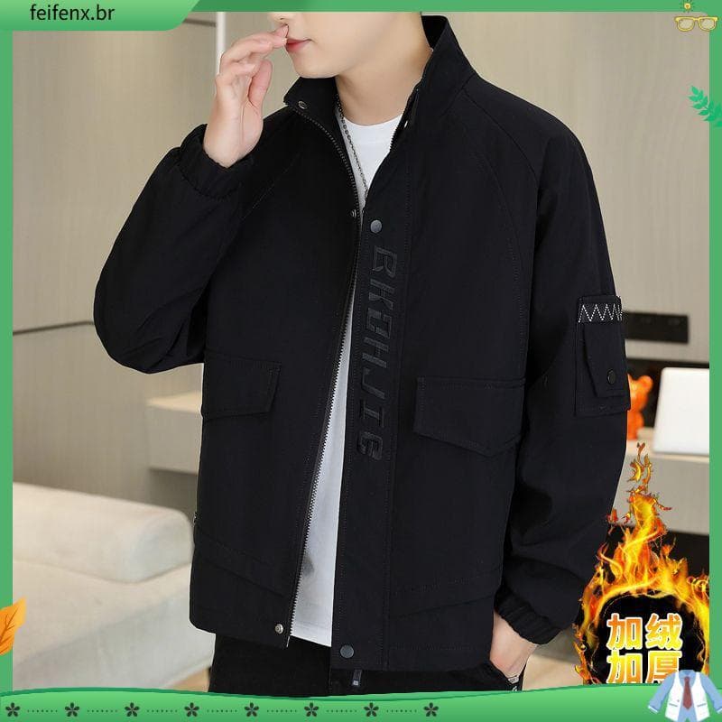 Jaqueta de forro de lã masculina outono inverno gola alta jaqueta na moda All-Match novo estilo bordado