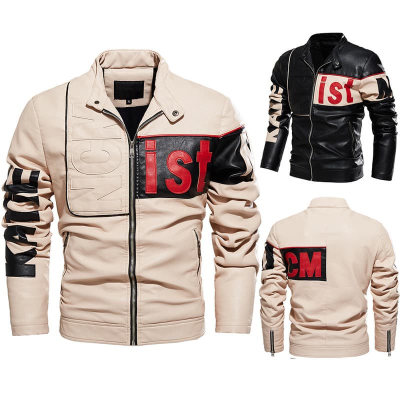 Jaqueta masculina 2023 novo estilo masculino na moda roupas de motocicleta cor-bloqueio jaqueta pu forrado de lã jaqueta