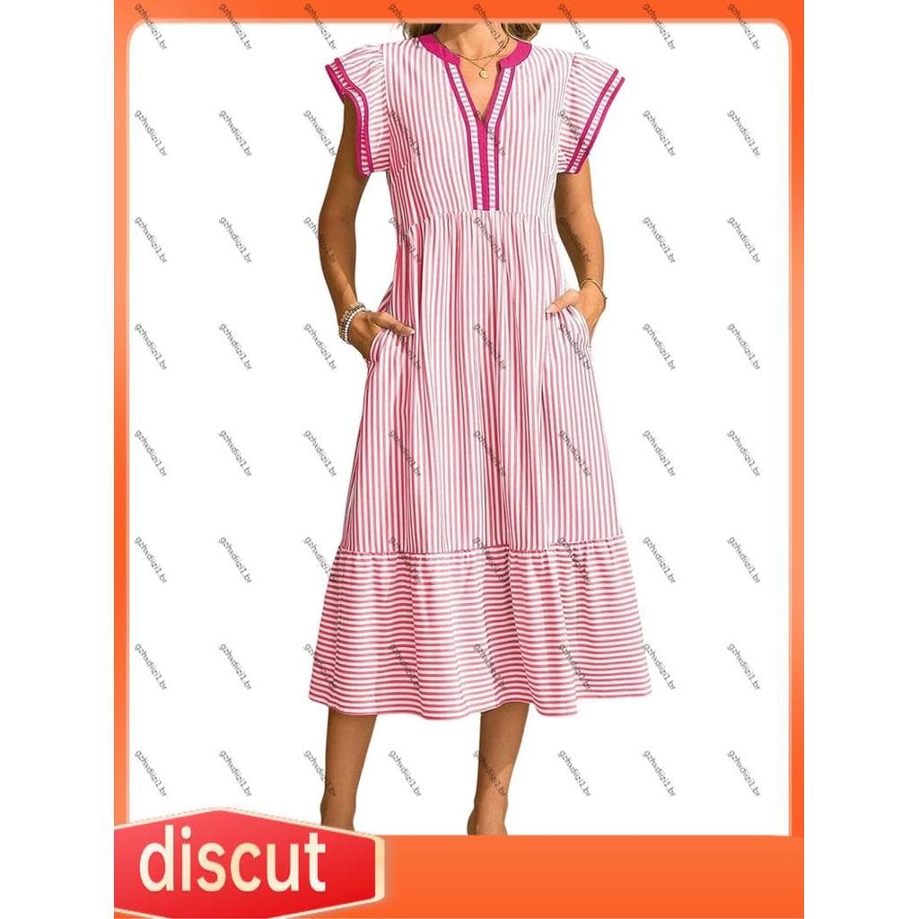 [gzhxdiizi1] Vestidos Femininos De Verão Com Decote Em V E Babados , Manga Alta , Listrado , Midi , Maxi Vestido Bolsos 