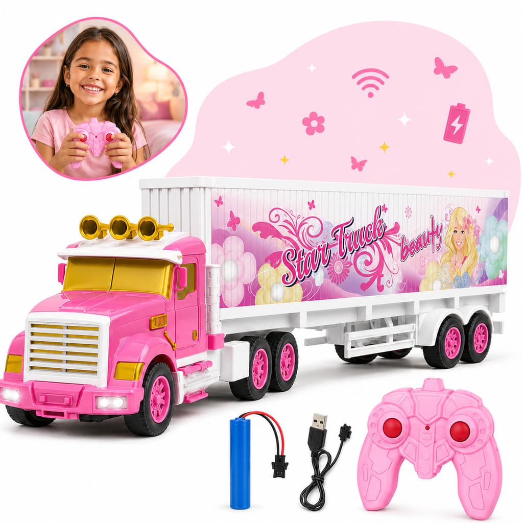 Caminhão Carrinho de Controle Remoto Barbara Star Carreta Truck Baú Recarregável Luzes Menina Branco Rosa Kizumba
