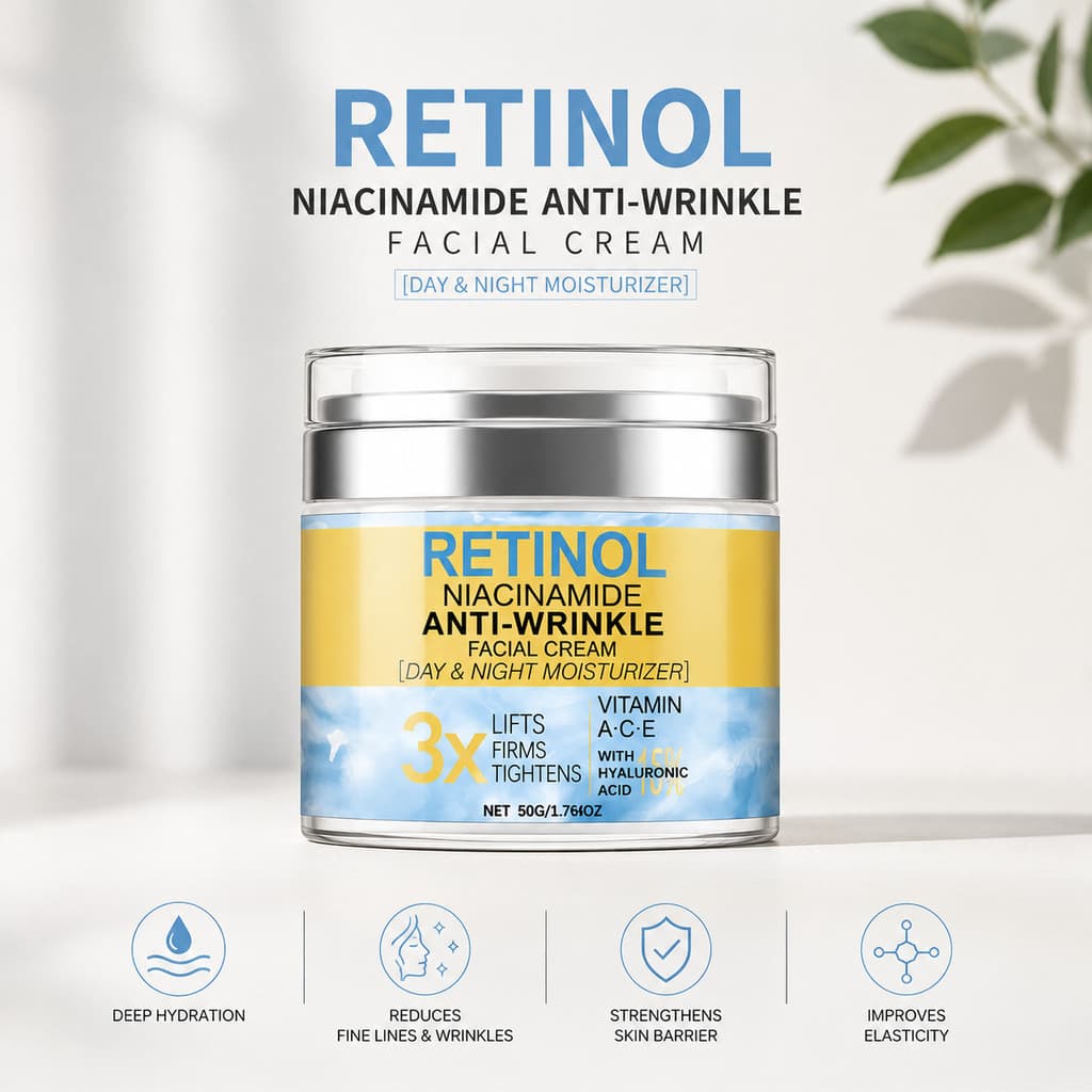 Creme Facial Retinol e Niacinamida Anti-Idade - Firmador, Hidratante e Redutor de Rugas com Ácido Hialurônico - 50g