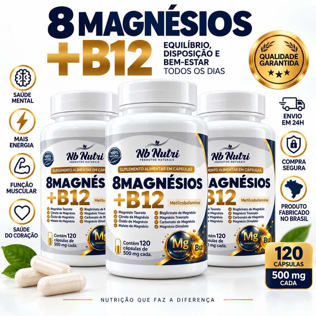 Vitamina B12 com 8 Tipos de Magnésio 120 Cápsulas Suplemento Alimentar