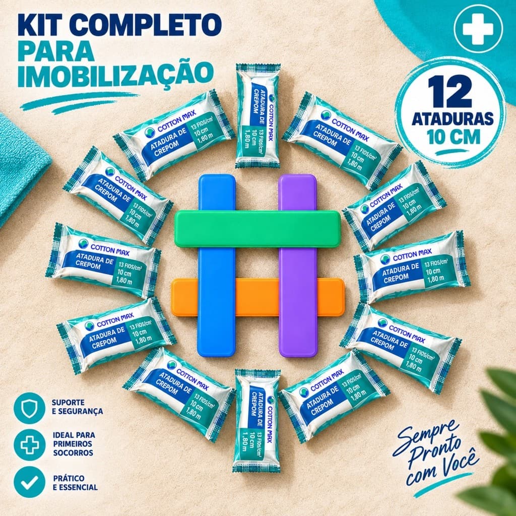 Kit Primeiros Socorros com Talas Moldáveis PP P M G e 12 Ataduras Crepe 15cm x 1,80m
