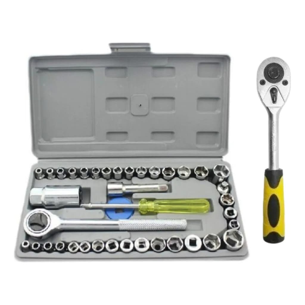 Kit Chave Catraca 1/2 Cabo Amarelo  + Conjunto Jogo Chave Catraca Reversível Com Soquetes 40 Peças