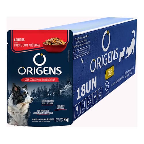 Sachê Origens Para Cachorro Adulto Carne com Abóbora 18x85g Ração Úmida Premium Especial
