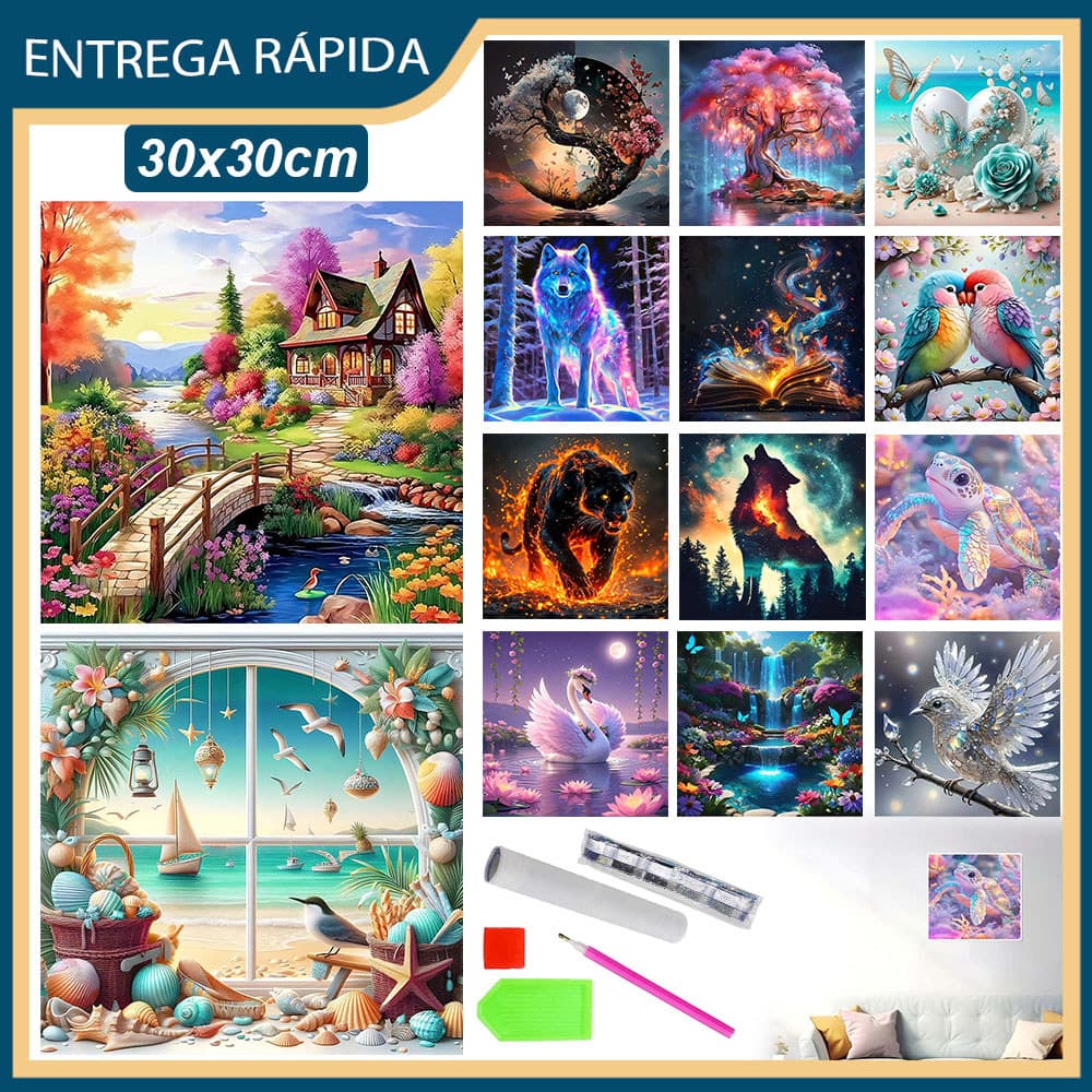Pintura Diamante Redondo/Ruadrado 5D Kit Completo Tela Artistica S/ Cavalete Terapia Quadro Por Numero Diamante 30x30cm