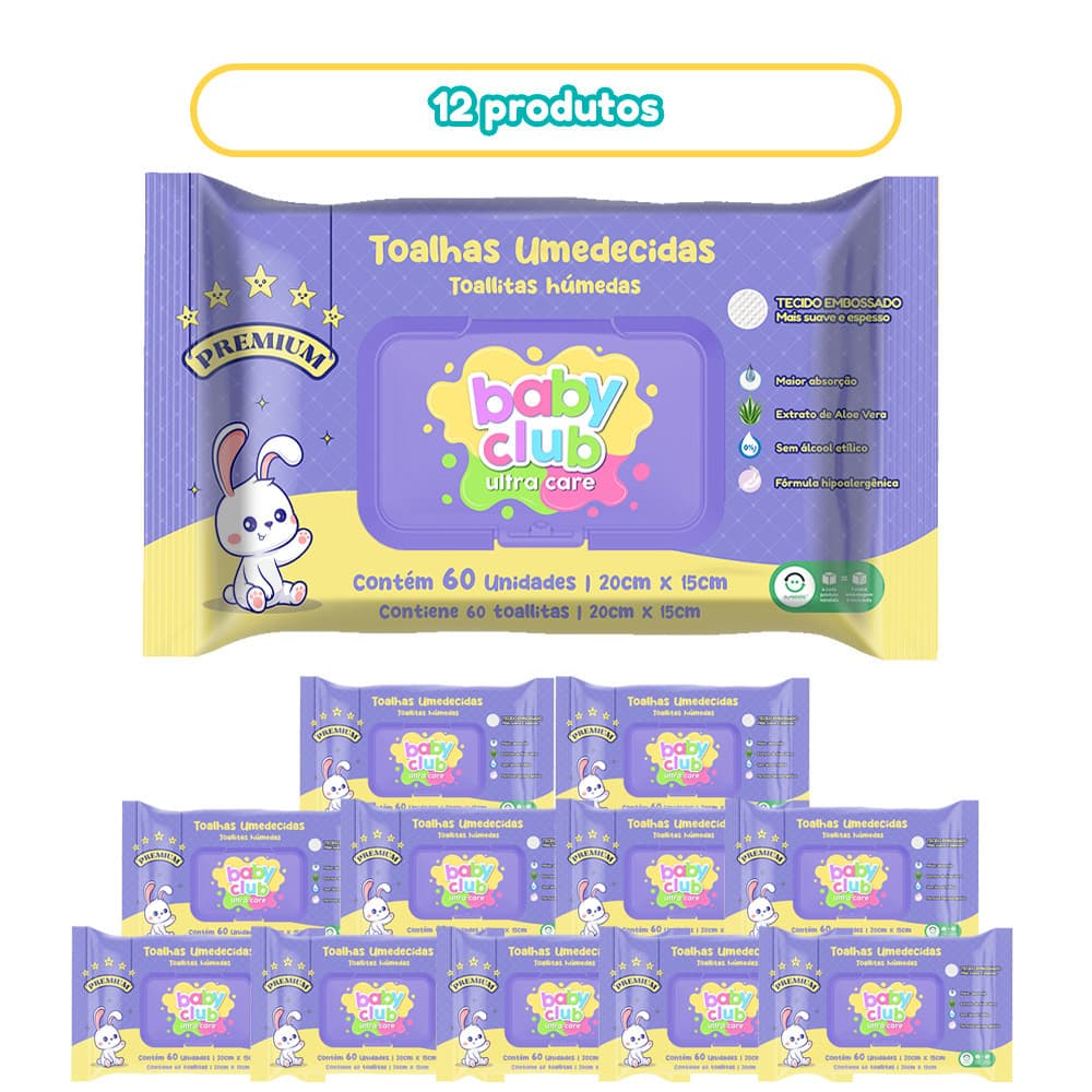 12 Pacotes Toalhas Umedecidas Premium 60fls Baby Club