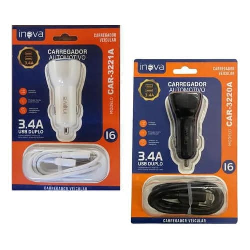 Carregador Veicular Inova CAR-3221A Original 3.4A Turbo Dual USB com Cabo Integrado para Celular iPhone e Android