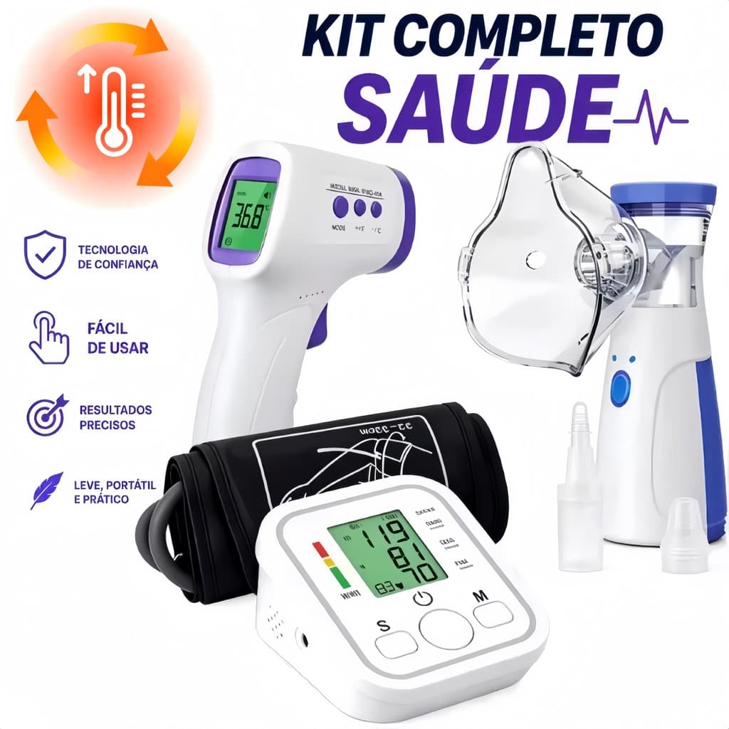 Kit Oxímetro Digital de Dedo + Termômetro Infravermelho e Nebulizador Portátil — Envio Imediato