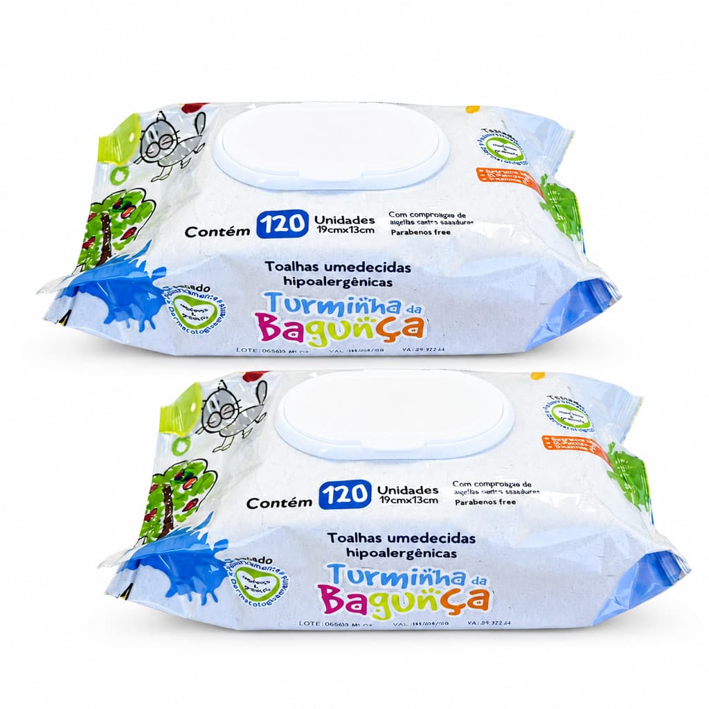 Kit 2 Lenços Umedecido Infantil Com Tampa Flip Top 120 Folhas - Limpeza Suave Pele Sensível Bebê - Turminha da Bagunça