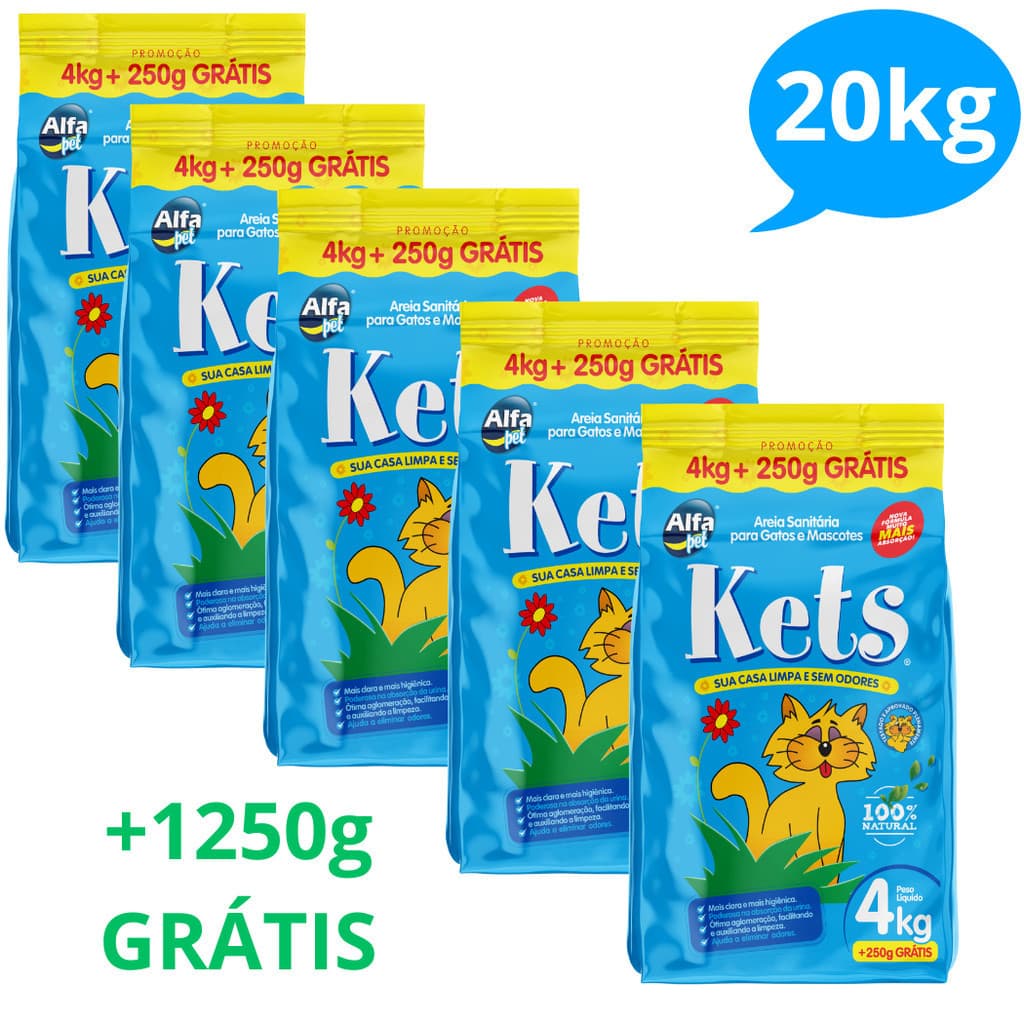 Kit 5 Areia Grossa Sanitária Kets Premium Higiênica Granulado Para Gatos 20kg + 1250g mncia