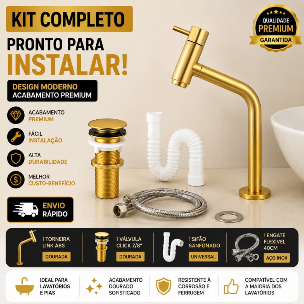 Kit Gold Torneira Banheiro Dourada Premium + Válvula Click + Sifão Sanfonado + Engate Flexível 40cm Completo
