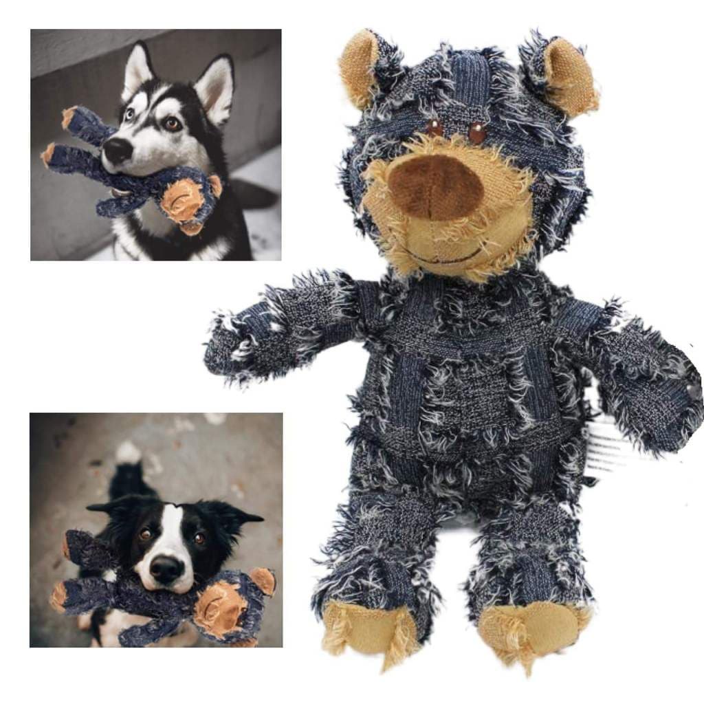 Brinquedo de cachorro de urso jeans resistente pode voz mendigo urso brinquedo de cachorro resistente à mordida boneca d