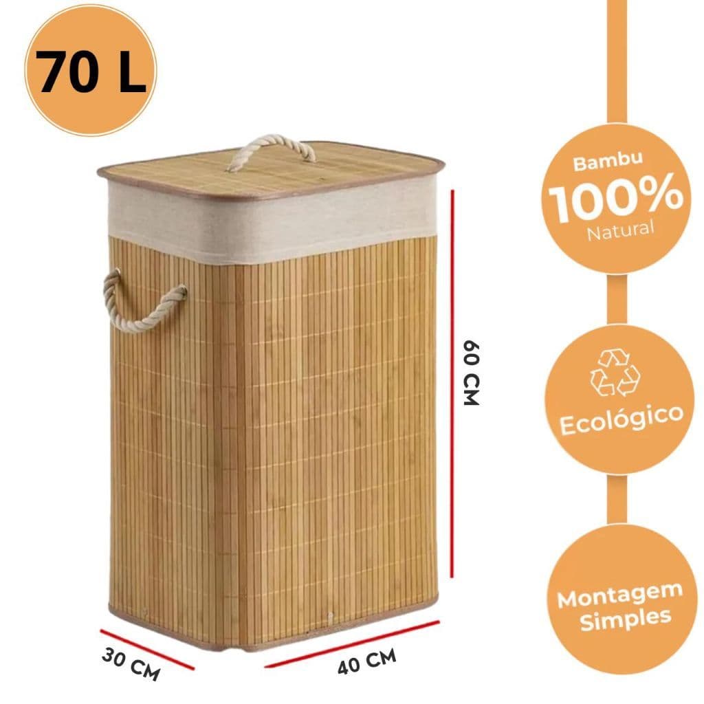 Cesto De Roupas 70L Bambu Grande Retangular Banheiro Lavanderia - Maior do mercado
