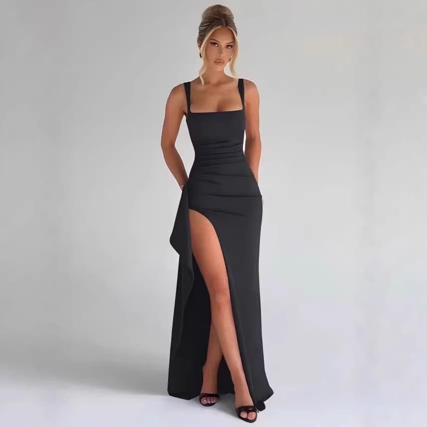 Vestido feminino, vestido formal, vestido longo sem alças, vestido longo de manga curta, de alta qualidade, sofisticado,