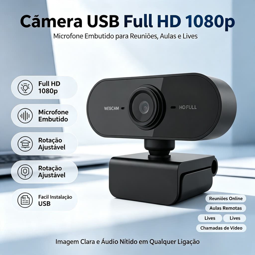 Webcam Full HD 1080p Microfone Integrado USB | Plug & Play PC Notebook | Home Office Aulas Videochamada Lives