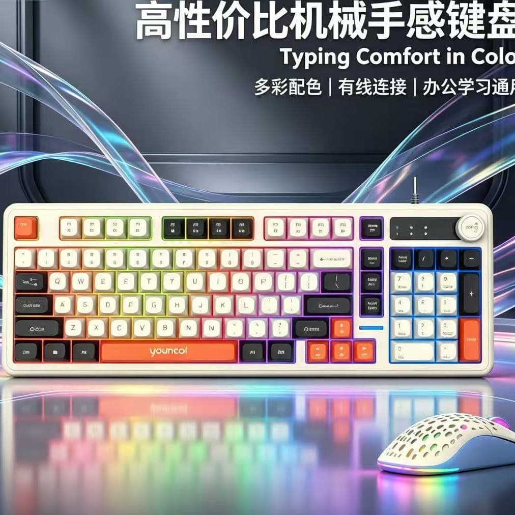 2026 Novo Estilo K98 Três Cores Combinando Com Fio Luminoso Desktop 98 Teclas Sensação Mecânica Teclado Jogo Escritório 
